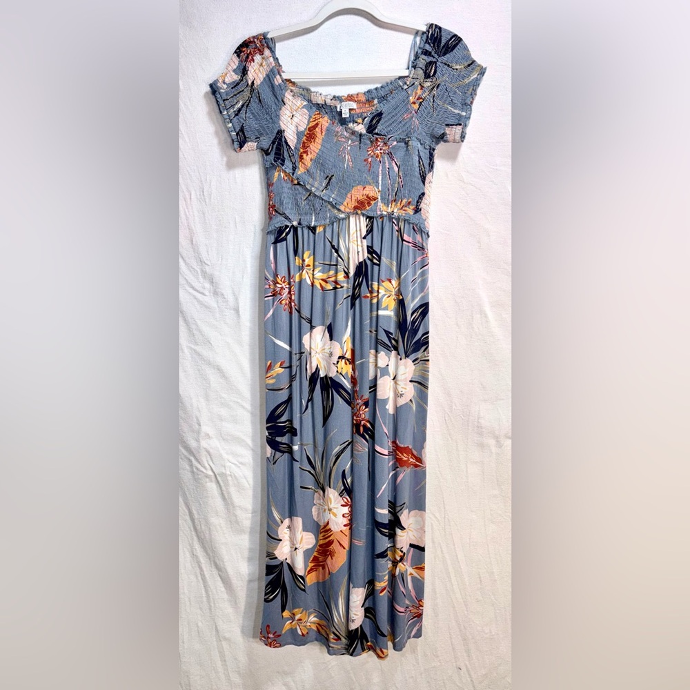 Patrons of Peace Blue Floral Off-Shoulder Smocked Romper womens medium